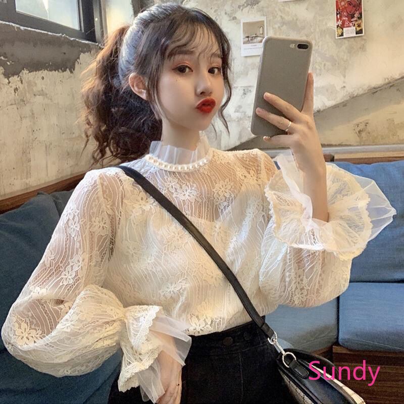 Áo Sơ Mi Tay Dài Dáng Rộng Phối Ren Thời Trang Retro Hàn Quốc Cho Nữ