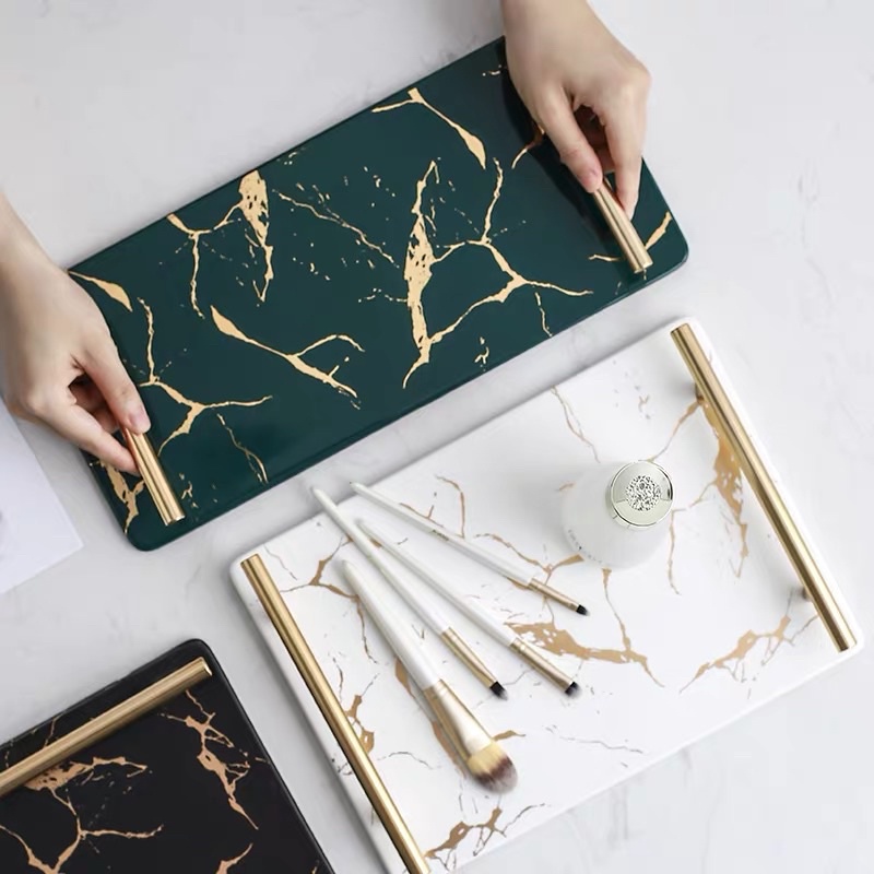 Khay Sứ Đựng Đồ Mĩ Phẩm, Decor Vân Đá Cao Cấp