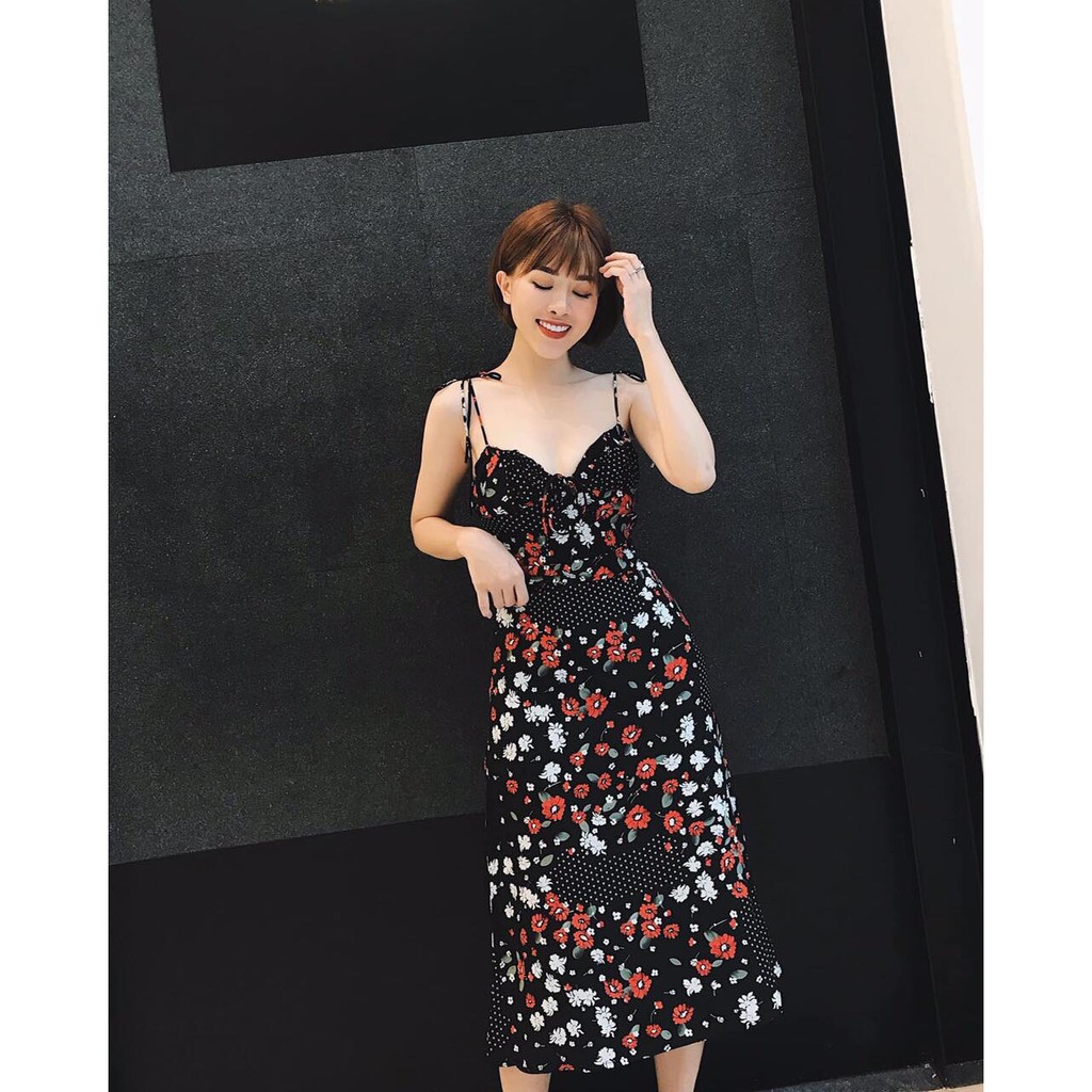 Đầm midi hoa liti chấm bi cột vai - D350