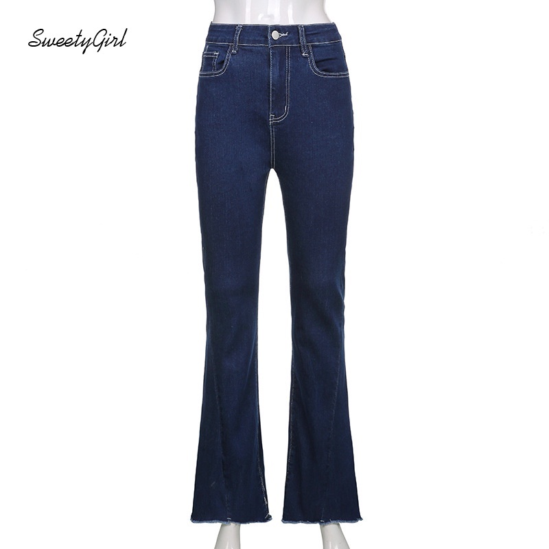 Quần Jeans Dài Ống Loe Lưng Cao Màu Trơn Thời Trang Cho Nữ