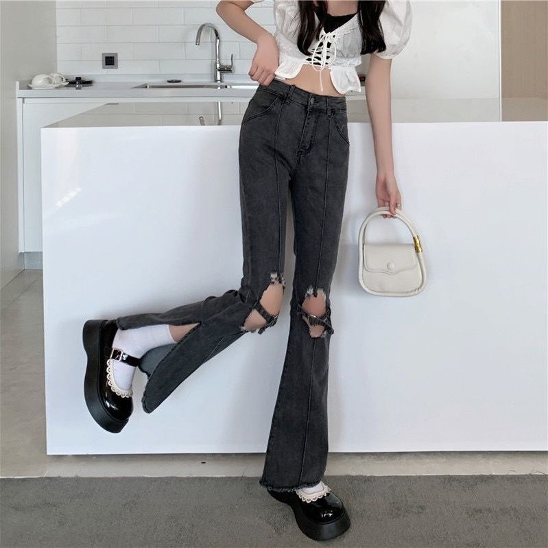 Quần Jean Nữ Lưng Cao Ống Đứng Rách Gối Kiểu Retro Thời Trang Xuân Thu Mới 19