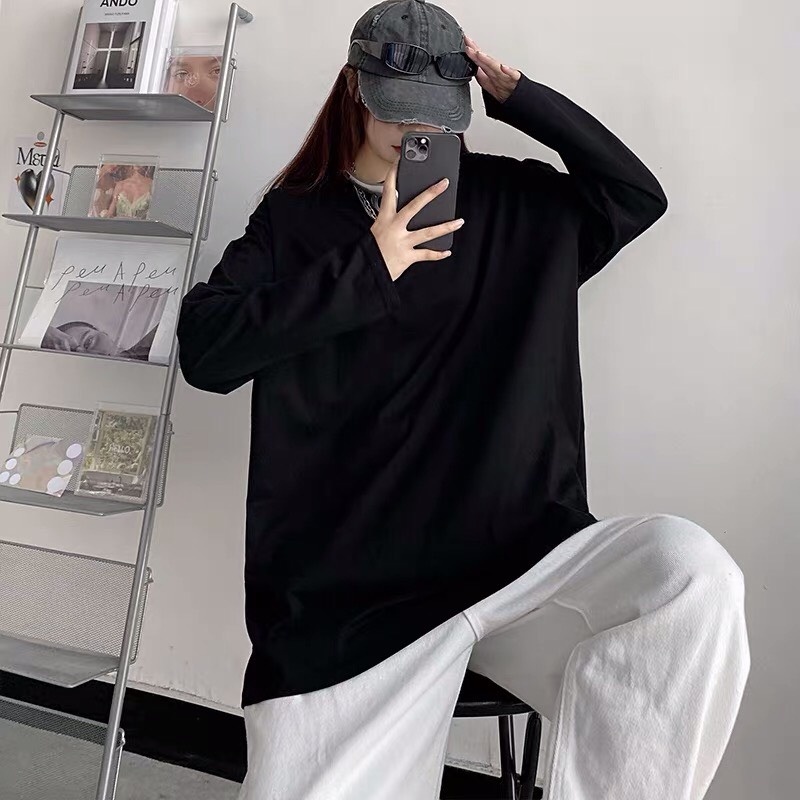 Áo thun nữ nam unisex tay dài sweater TRƠN form rộng teen cổ tròn oversize cotton giá rẻ basic đen freesize ulzzang
