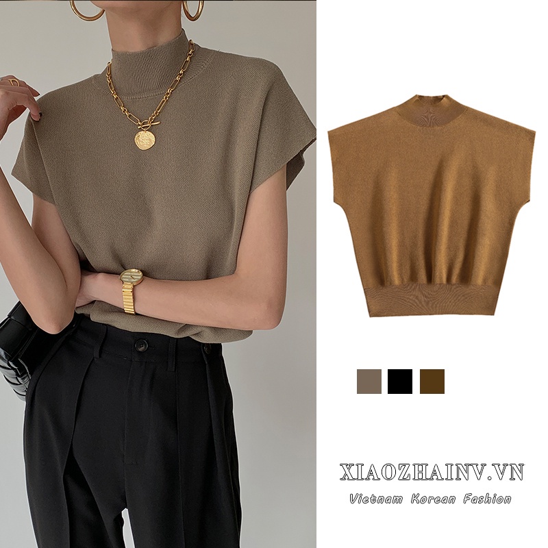 Xiaozhainv Áo thun dệt kim không tay phong cách Mỹ retro 3 màu tùy chọn thời trang thanh lịch cho nữ