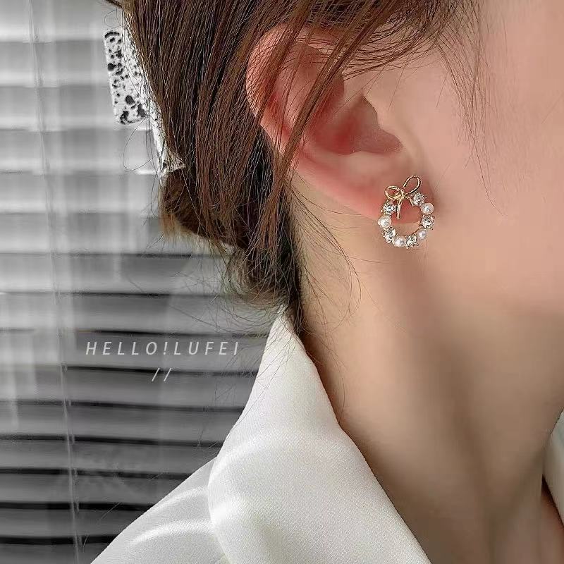 S925 silver metal small pearl bow earrings