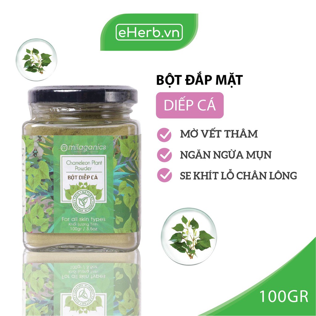 Bột Diếp Cá Nguyên Chất Đắp Mặt Nạ Ngừa Mụn, Mờ Vết Thâm, Se Khít Lỗ Chân Lông MILAGANICS 100g (Hũ)