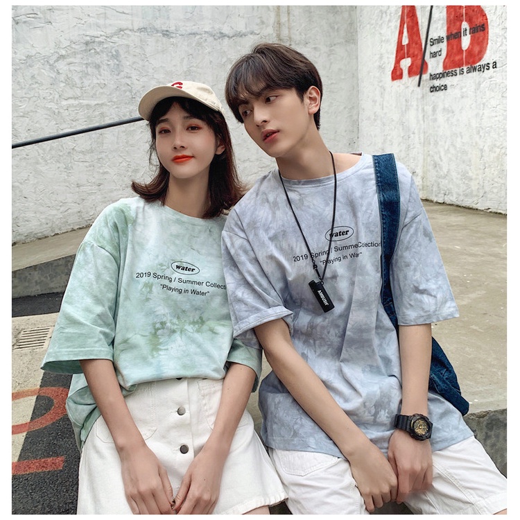 Áo thun tay lỡ Unisex màu loang in WATER free size