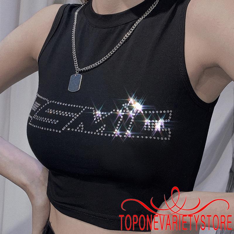 Áo Croptop Tay Ngắn/ Không Tay Cổ Tròn Hoạ Tiết Chữ Thiết Kế Quyến Rũ