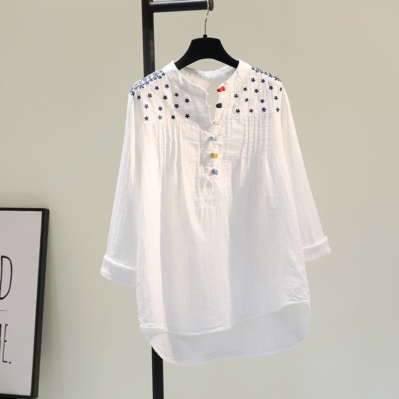 Áo Sơ Mi Cotton Lanh Dáng Rộng Màu Trắng Cài Nút Thời Trang Cho Nữ