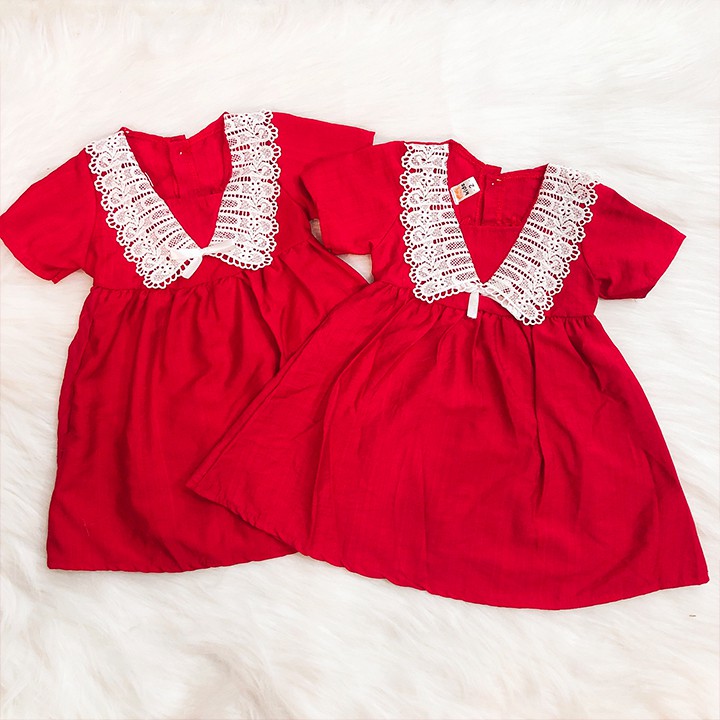 Đầm xòe đỏ phối ren đáng yêu cho bé 1-7 tuổi chất cotton nhẹ mát họa tiết đơn giản nhẹ nhàng BBShine – D067