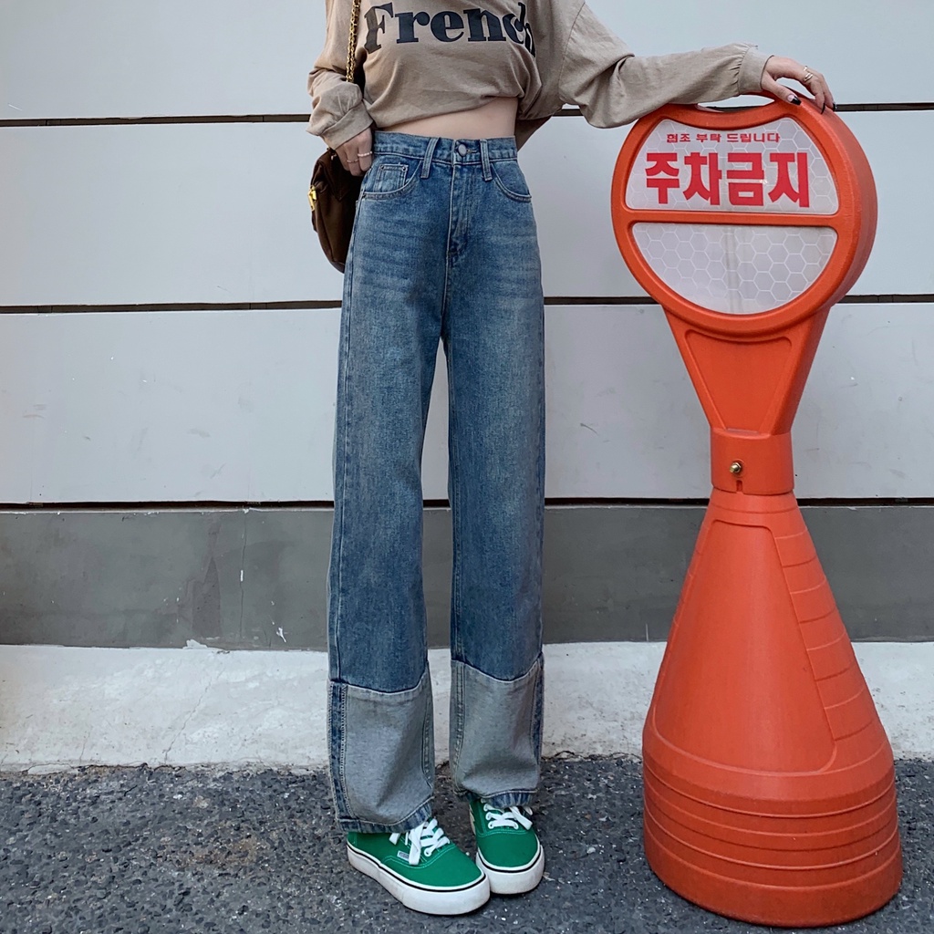 Quần jeans nữ ống rộng lưng cao phong cách Hàn Quốc