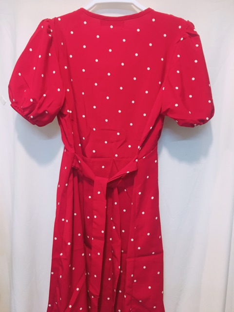 🍒Đầm cổ vuông bi đỏ tay phồng thắt nơ eo cùng với cardi dress 🎁 Ảnh thật | BigBuy360 - bigbuy360.vn