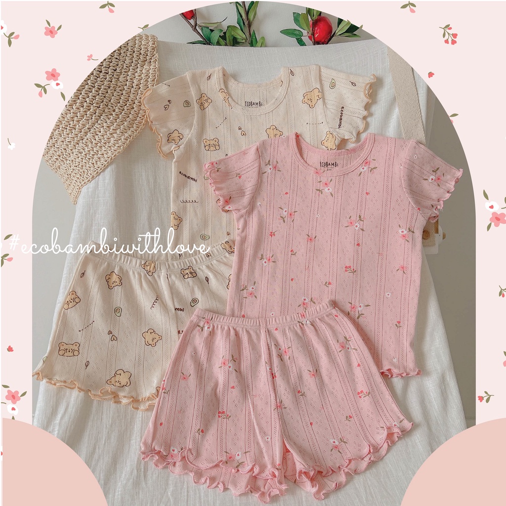 Bộ thun thông hơi cotton Hàn Quốc bé gái tay ngắn kiểu dệt Jacquard in hoạ tiết Ecobambi