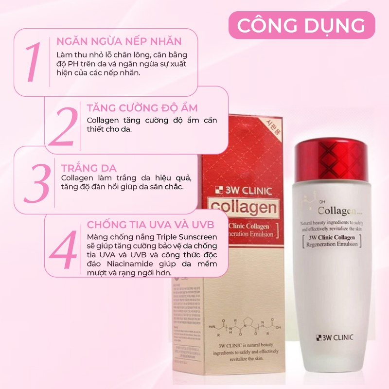 Sữa Dưỡng Trắng Da Săn Chắc Chống Lão Hóa 3W CLINIC Hàn Quốc Chiết Xuất Từ Collagen Nngăn Ngừa Lão Hóa &amp; Sáng Da 150ml