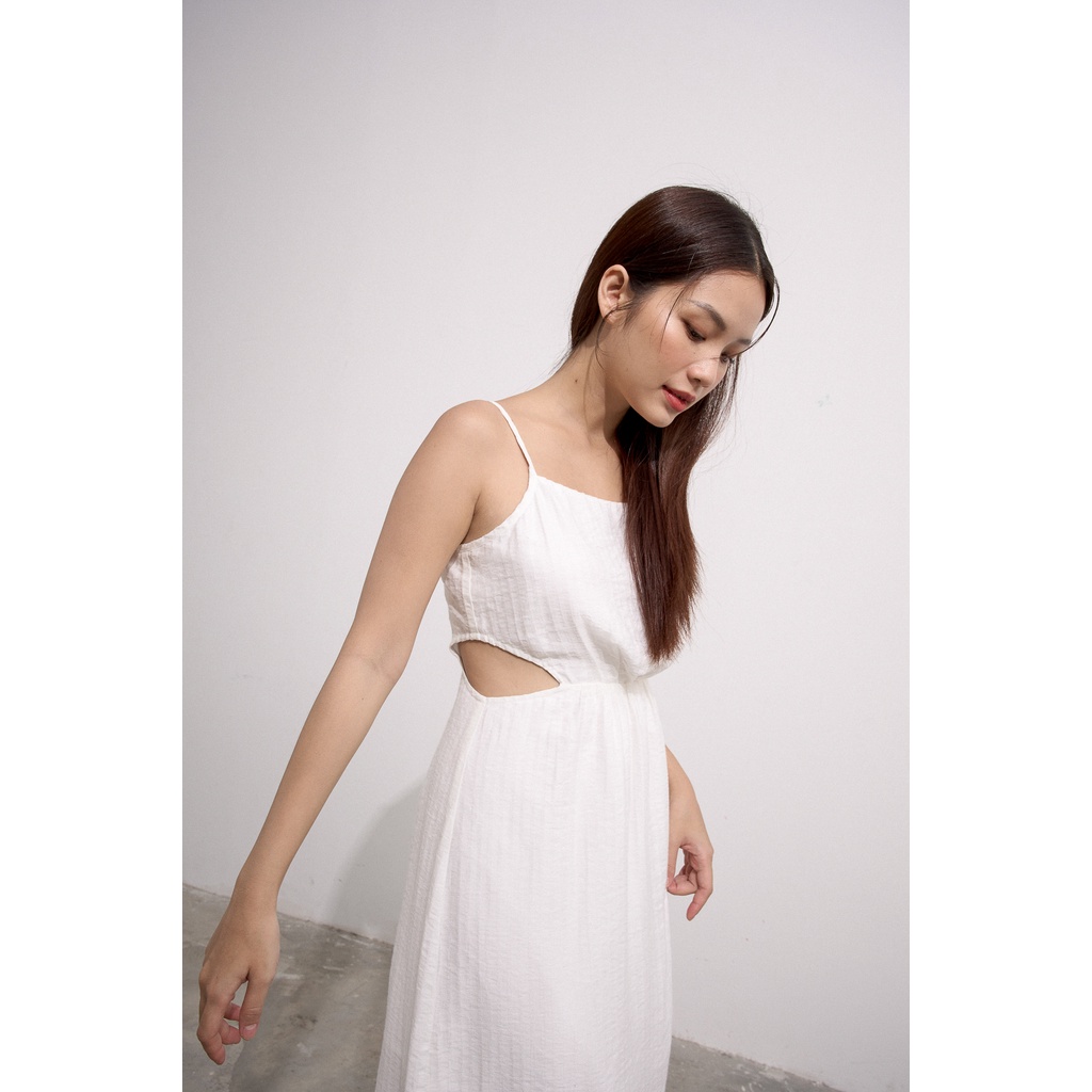 Đầm 2 dây Maybi midi ôm linen cutout eo