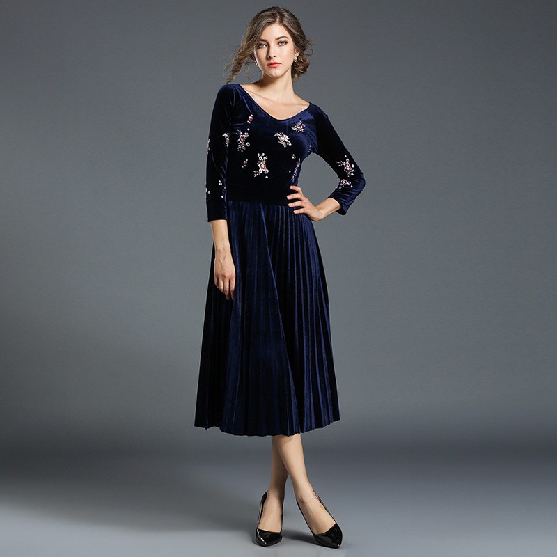 Real Shot Women's High Quality Embroidered Velvet Midi Pleated Party Dress | BigBuy360 - bigbuy360.vn