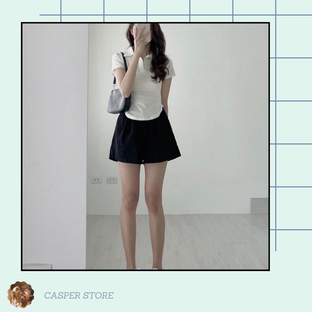 Set short kèm áo polo vạt bầu suông nữ ⚡ Casper.Store | FREESHIP | ⚡ Bộ quần đùi giả váy xếp li ống rộng phối polo cổ bẻ