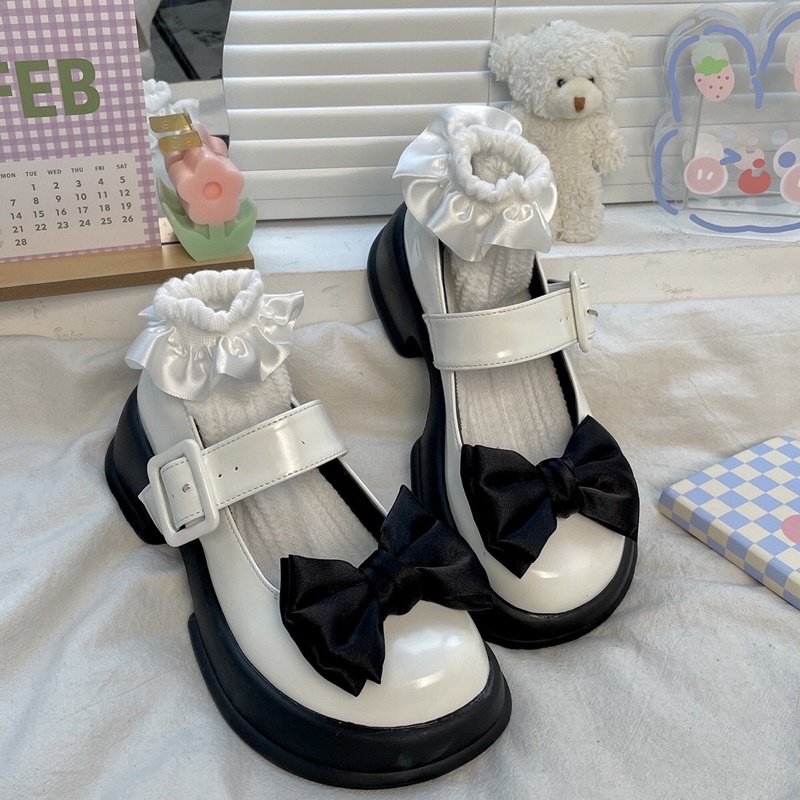Giày lolita nữ độn đế cao gắn nơ đen,Giày da ulzzang nữ phong cách Hàn Quốc LT76