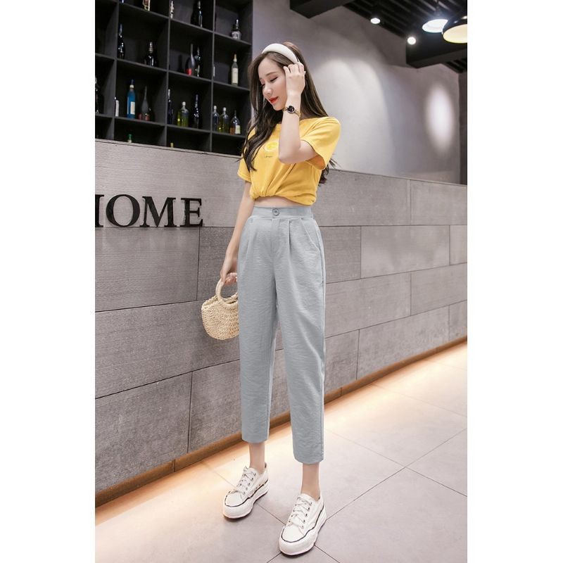 Quần baggy nữ lưng chun vải đũi thun chun chất vải xước mềm dày dặn - Quần vải nữ dáng dài mặc ở nhà đi học học sinh