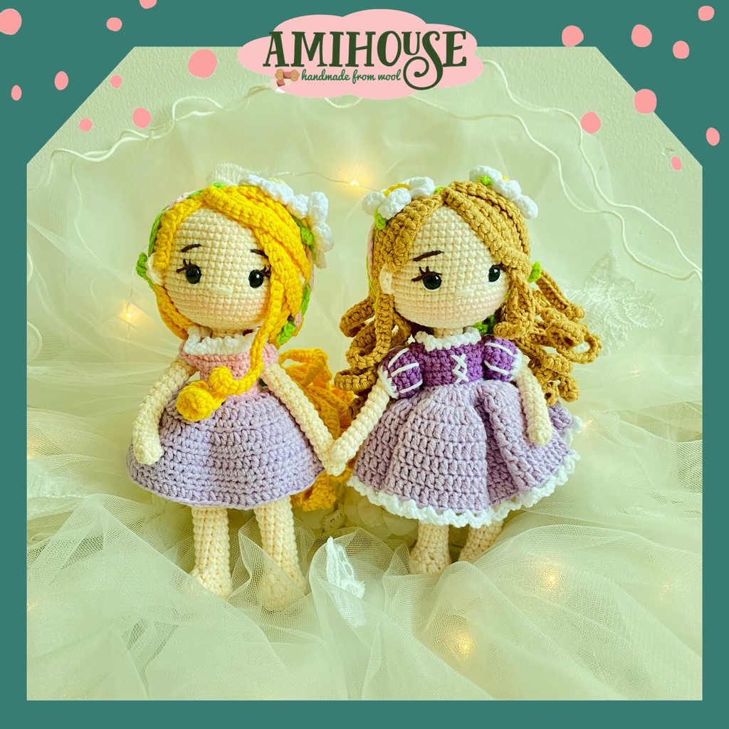 Búp bê Rapunzel bằng len móc handmade cho bé, búp bê công chúa tóc mây bằng len móc, 100% sợi cotton - Ami Hous
