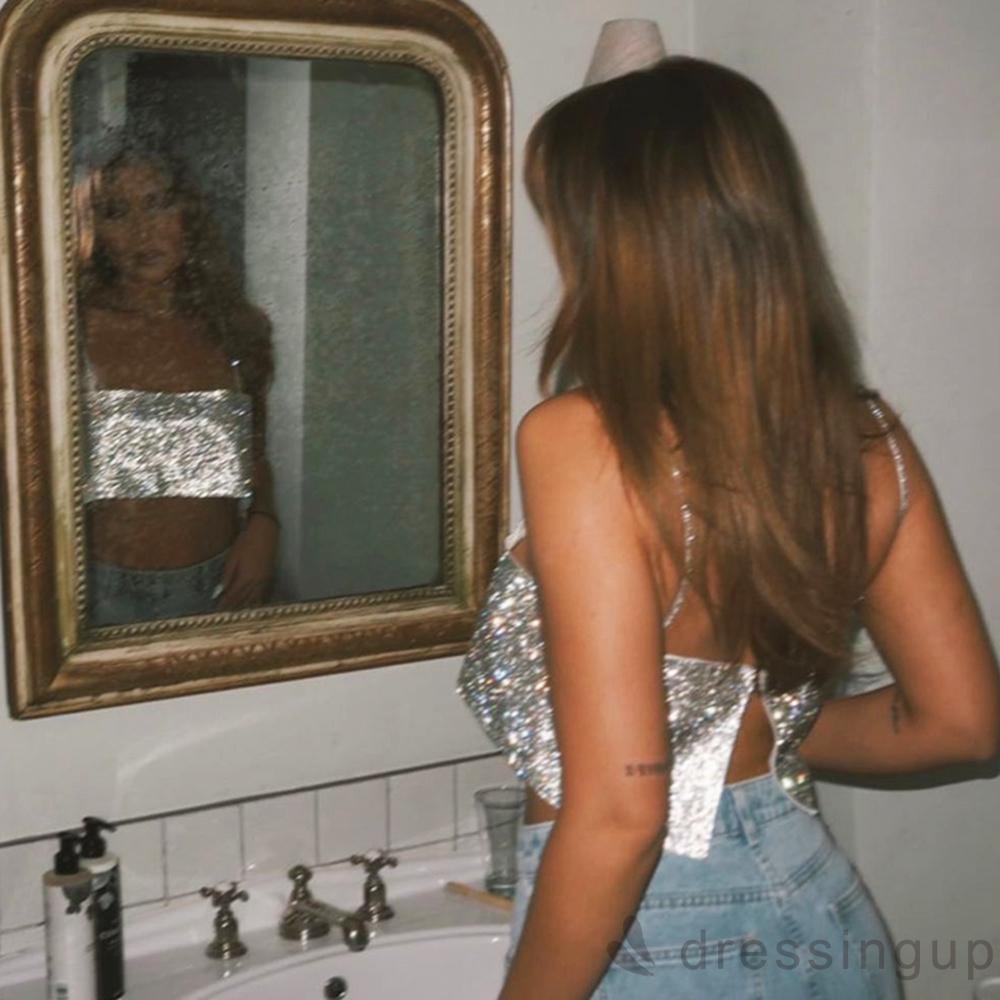 Áo croptop sát nách đính kim sa lấp lánh thời trang mùa hè quyến rũ cho nữ