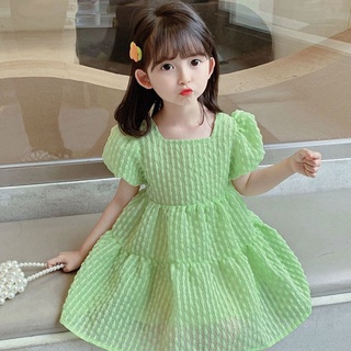 Váy cho bé gái - Đầm vải hạt nổi xanh hở lưng thắt nơ cho bé gái 8-18kg