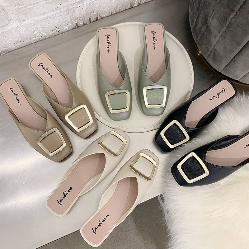 Square Buckle Slippers Women's Outer Wear New Fashion Casual Women's Shoes Muller SandalsinsToe Cap Semi Slipper Flip-Fl