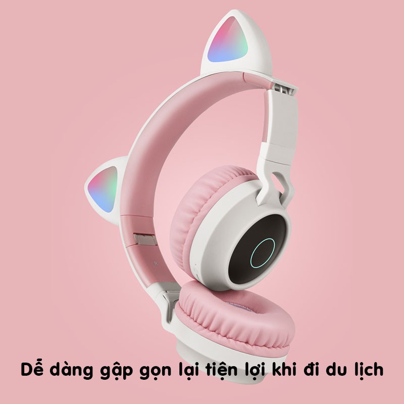 Tai nghe Bluetooth chụp tai Cát Thái BT028C thiết kế tai mèo cực kỳ dễ thương, chuyển màu RGB, âm thanh bass trầm