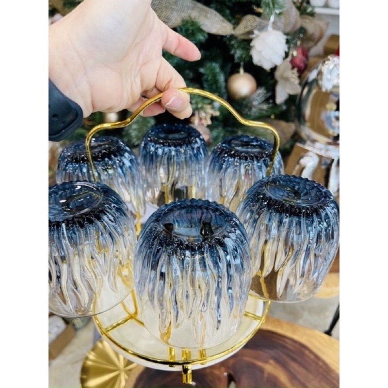 Set 6 cốc xanh dày dặn 💙 Bình Thuỷ Tinh ánh lửa xanh , Bình Thuỷ Tinh kim cương xanh