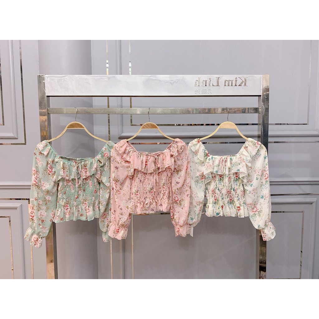 Áo Voan Bèo Hoa Nhí Nơ Cổ Vuông - Kim Linh Shop