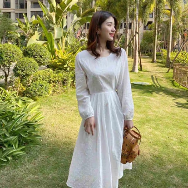 Váy thô trắng hoa nhí nơ hông MS2433