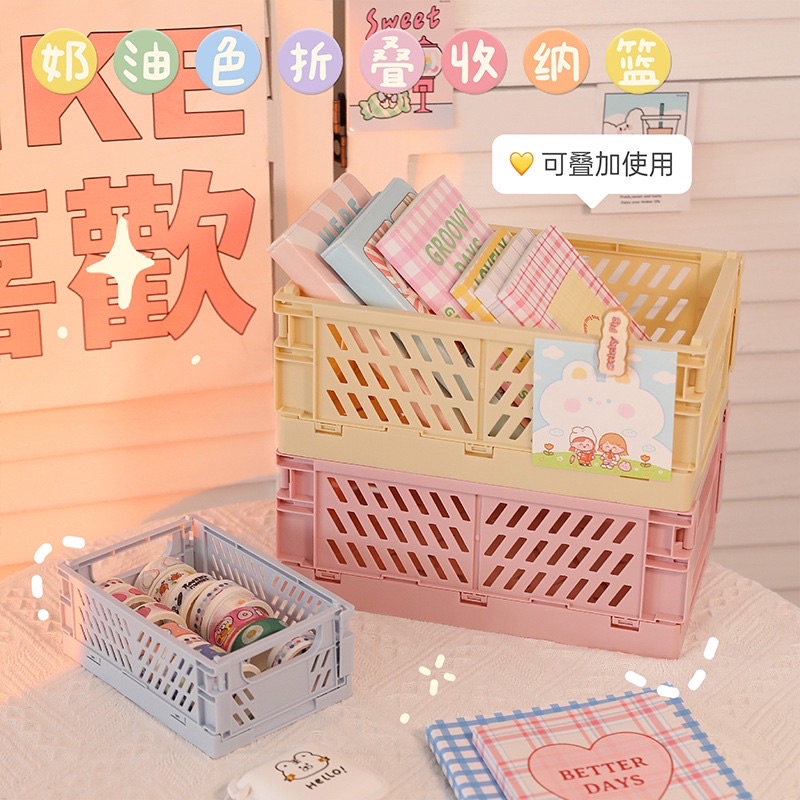 Rổ Nhựa Mini Gấp Gọn Đựng Đồ, Đựng Sticker, washi Để Bàn Trang Trí