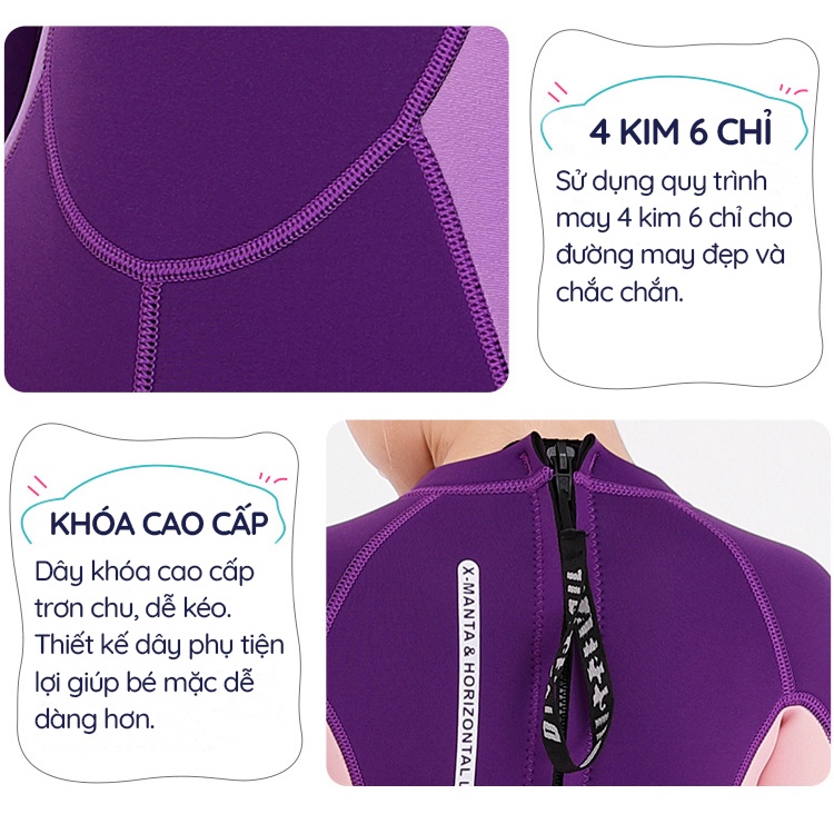 Đồ bơi bé gái, đồ bơi giữ nhiệt, chống nắng chống thấm nước cao su Neoprene độ dày 2.5mm bảo vệ tốt cho bé