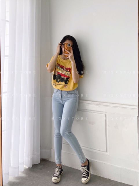 Quần jean nữ skinny trơn lưng cao tôn dáng màu cơ bản co giãn tốt phom 9 tấc chuẩn dáng hàng hiệu cao cấp MIXX STORE