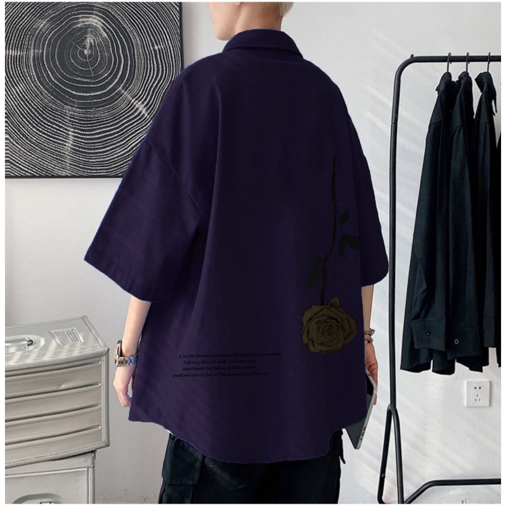 Sơ mi from rộng tay lỡ unisex nam nữ , sơ mi nam nữ vải voan lụa mịn mát free size 40kg - 70kg in hoa hông ngược