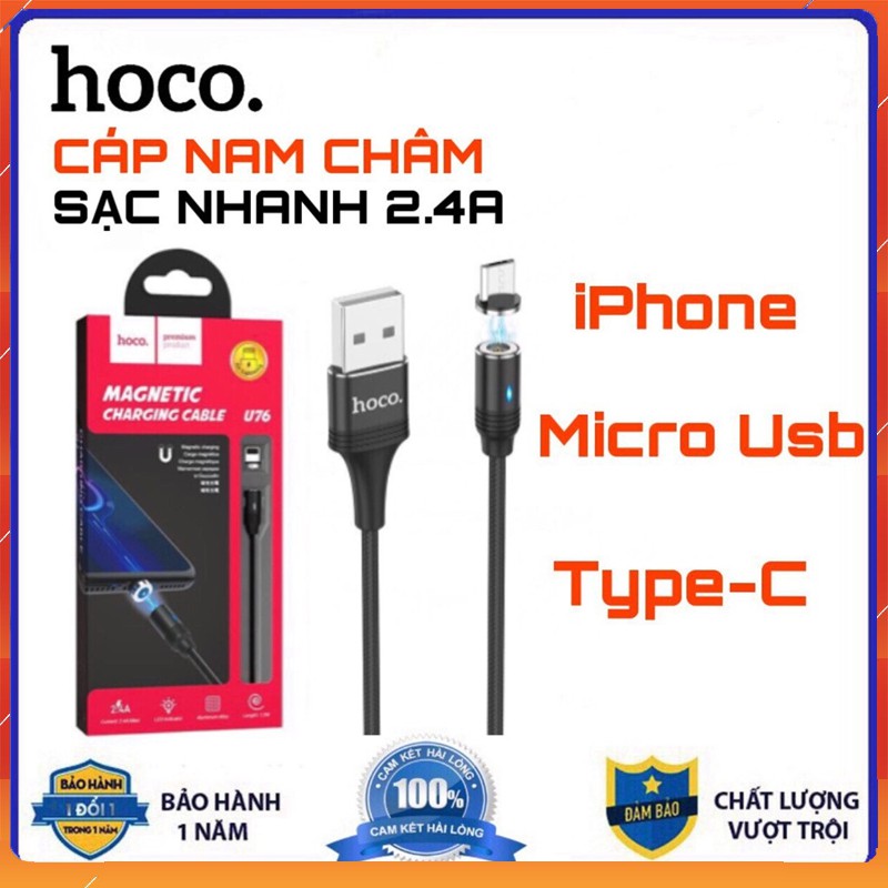 Dây sạc nhanh 2.4a nam châm hoco u76-cáp sạc từ tính IPmicro usb type c bảo hành