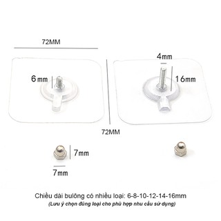 BỘ 2 MIẾNG MÓC DÁN TƯỜNG TRONG SUỐT 72X72MM CÓ BU LÔNG ĐAI ỐC, GIÚP BẮT CÁC GIÁ TREO KHÔNG CẦN KHOAN