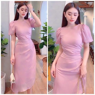Đầm váy freesize hồng nhúng eo lệch tà