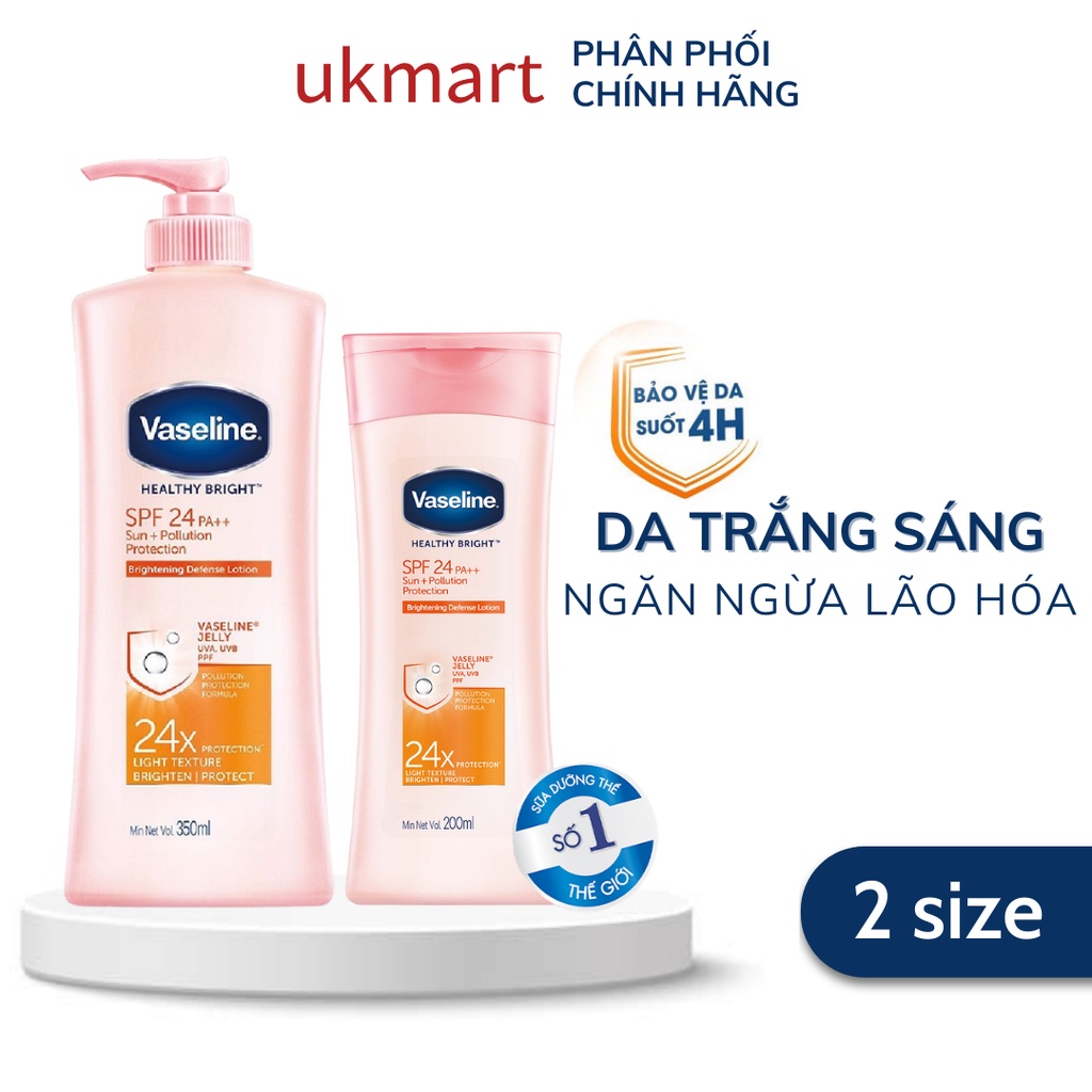 Sữa Dưỡng Thể Vaseline Dưỡng Trắng &amp; Bảo Vệ Da Trước Nắng Và Ô Nhiễm SPF 24 PA++