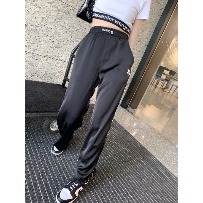 bộ thể thao nữ áo thun croptop ngắn tay cổ tròn+quần dài ống suông cạp chun Alexander Wang