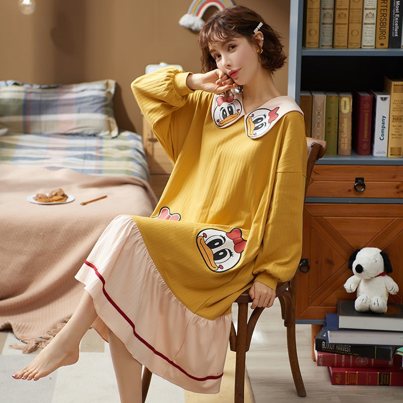 Váy ngủ nữ du học sinh mùa hè phong cách Hàn Quốc dễ thương đồ dài tay cotton xuân, thu đông rộng rãi cộng với si