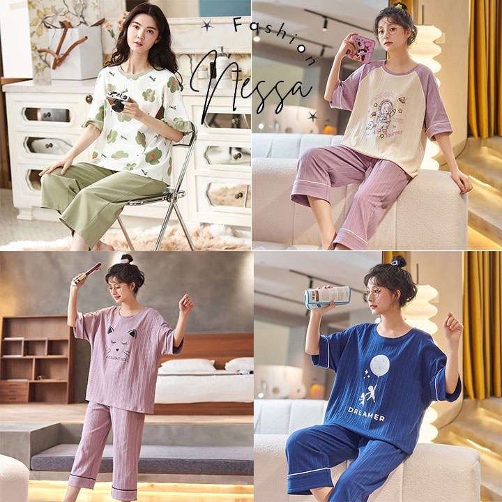 Pijama Bộ Đồ Ngủ Nữ Mặc Ở Nhà Vải Cotton Co Giãn Quần Dài Áo Cộc Tay Mùa Hè Xuân Thu Đi Chơi Biển BĐN78