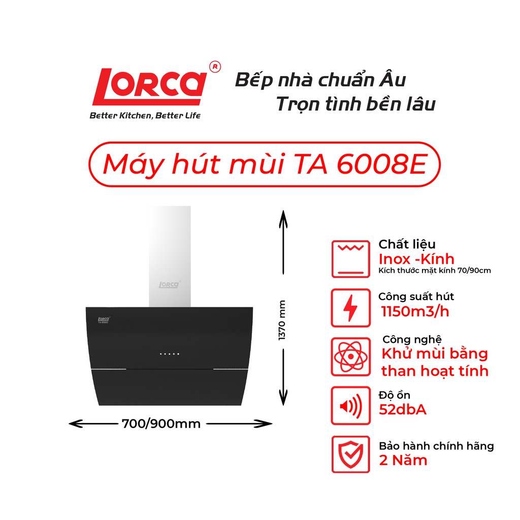 Máy hút mùi Lorca TA 6008E-70cm (48 dbA) - Bảo hành 3 năm