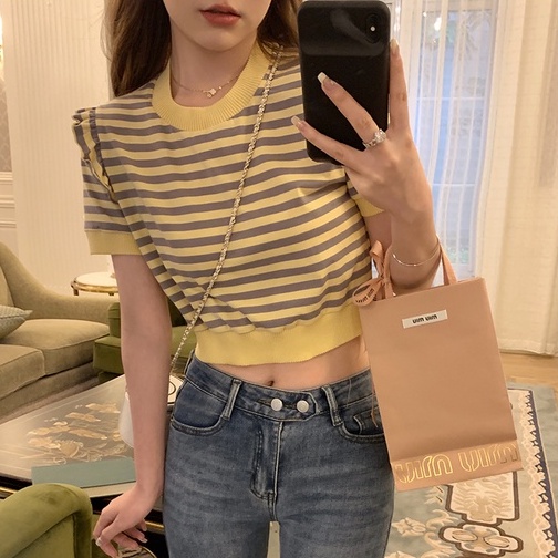 Áo dệt kim ZHELIHANGFEI tay ngắn họa tiết kẻ sọc thời trang cho nữ