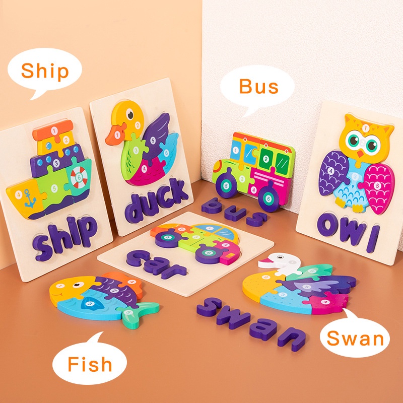 Tranh ghép hình 3D cao cấp, đồ chơi gỗ MALABEO KIDS học tiếng anh nhận biết con vật thân thuộc
