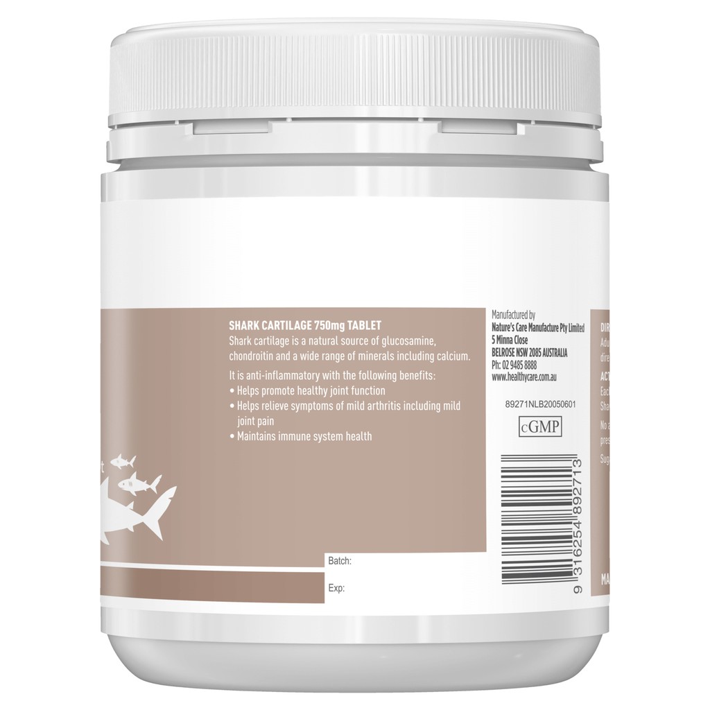 Sụn vi cá hỗ trợ xương khớp Healthy Care Shark Cartilage 750mg 200 viên Maxwell