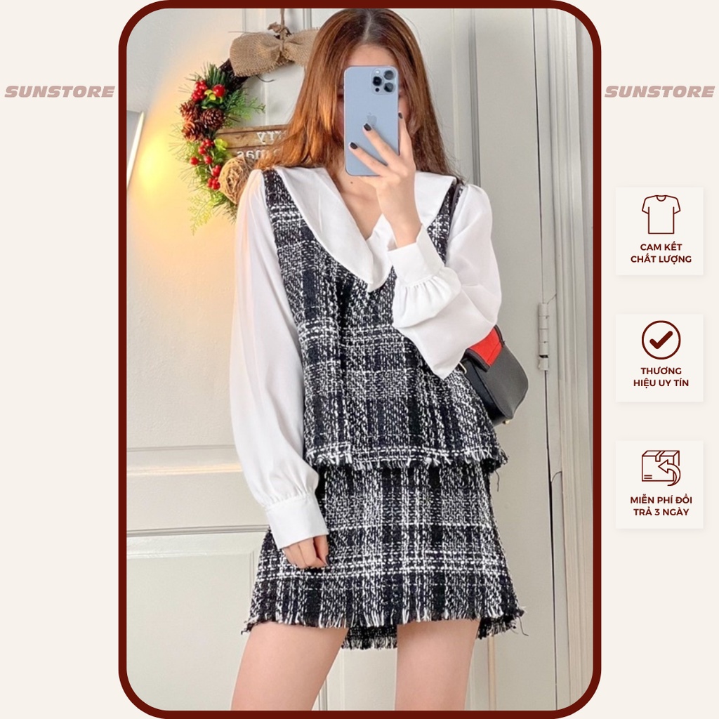 Set đồ nữ đẹp đi chơi áo tay dài phối voan có lớp lót và chân váy ngắn mini phía sau bo chun