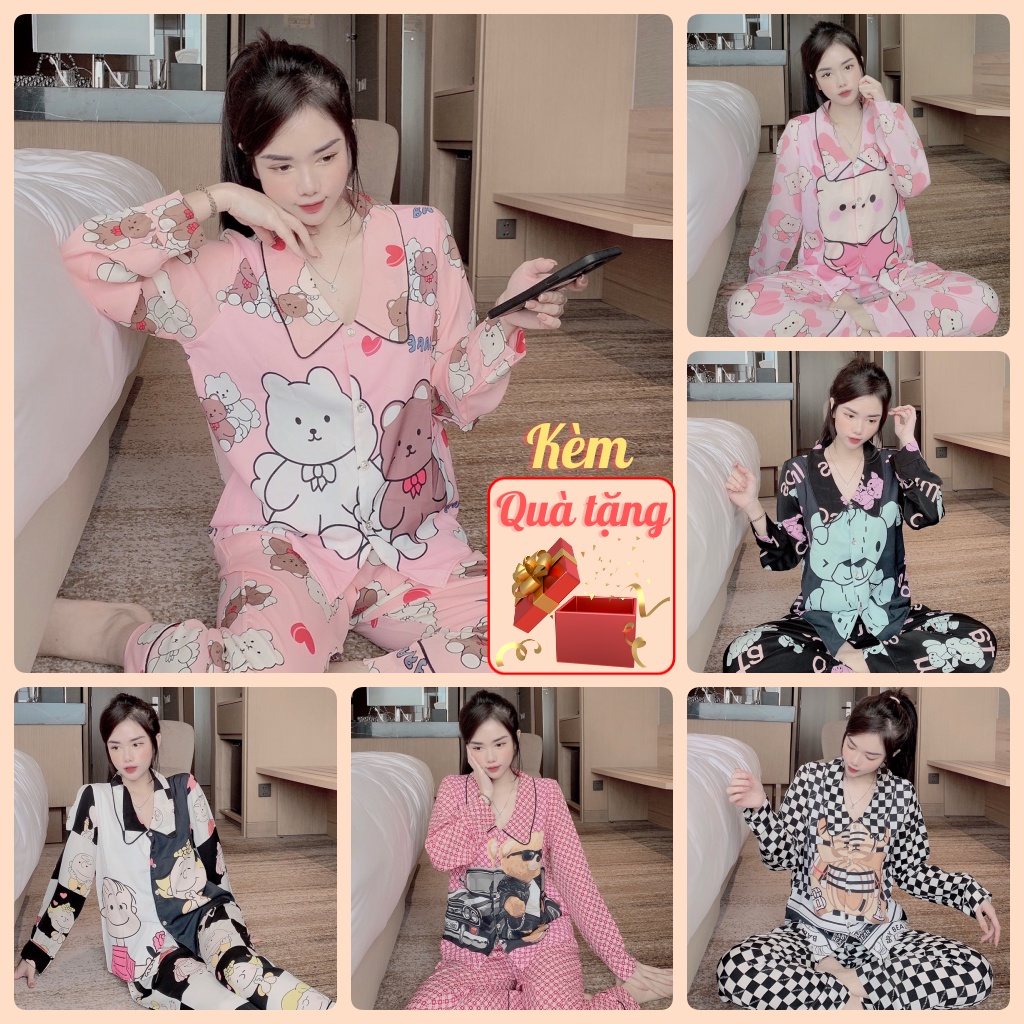 Đồ Ngủ Nữ, Set Đồ Bộ Pijama Tay Dài Lụa Mango Cao Cấp Chất Vải Chuẩn Đẹp Siêu Cute Freesize 45-60kg 