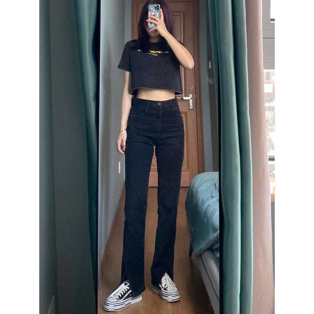 Quần Jeans Đen Lưng Cao Ống Rộng Cho Nữ