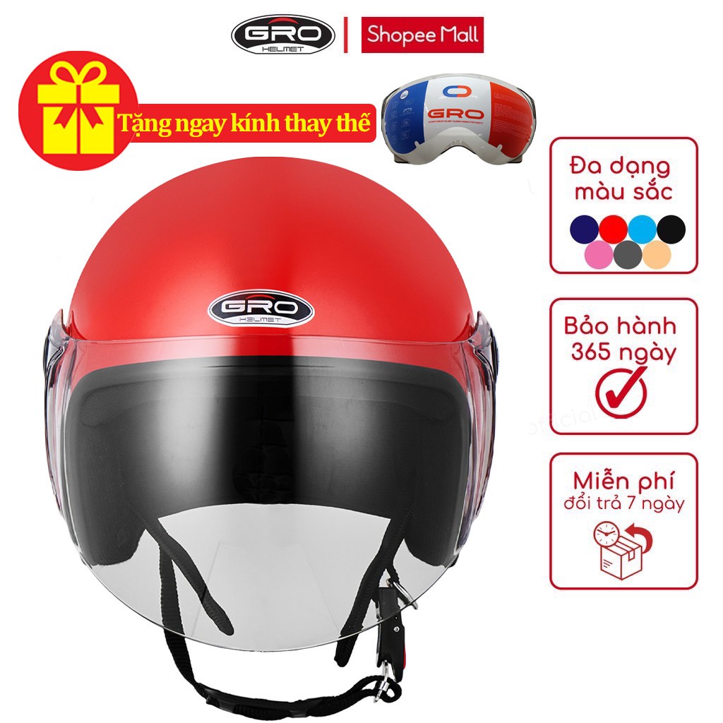 Mũ bảo hiểm chụp tai 3/4 đầu GRO 818 có kính dài màu trà, nhiều màu Size L (53-56 cm)