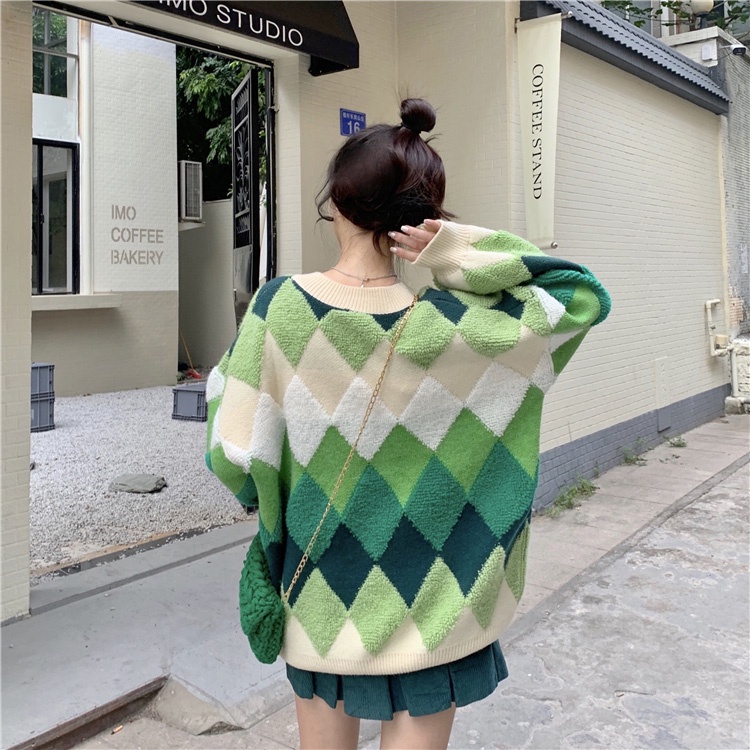 Áo Khoác Len Dày Dặn Họa Tiết Hình Thoi Màu Gradient Phong Cách Mới